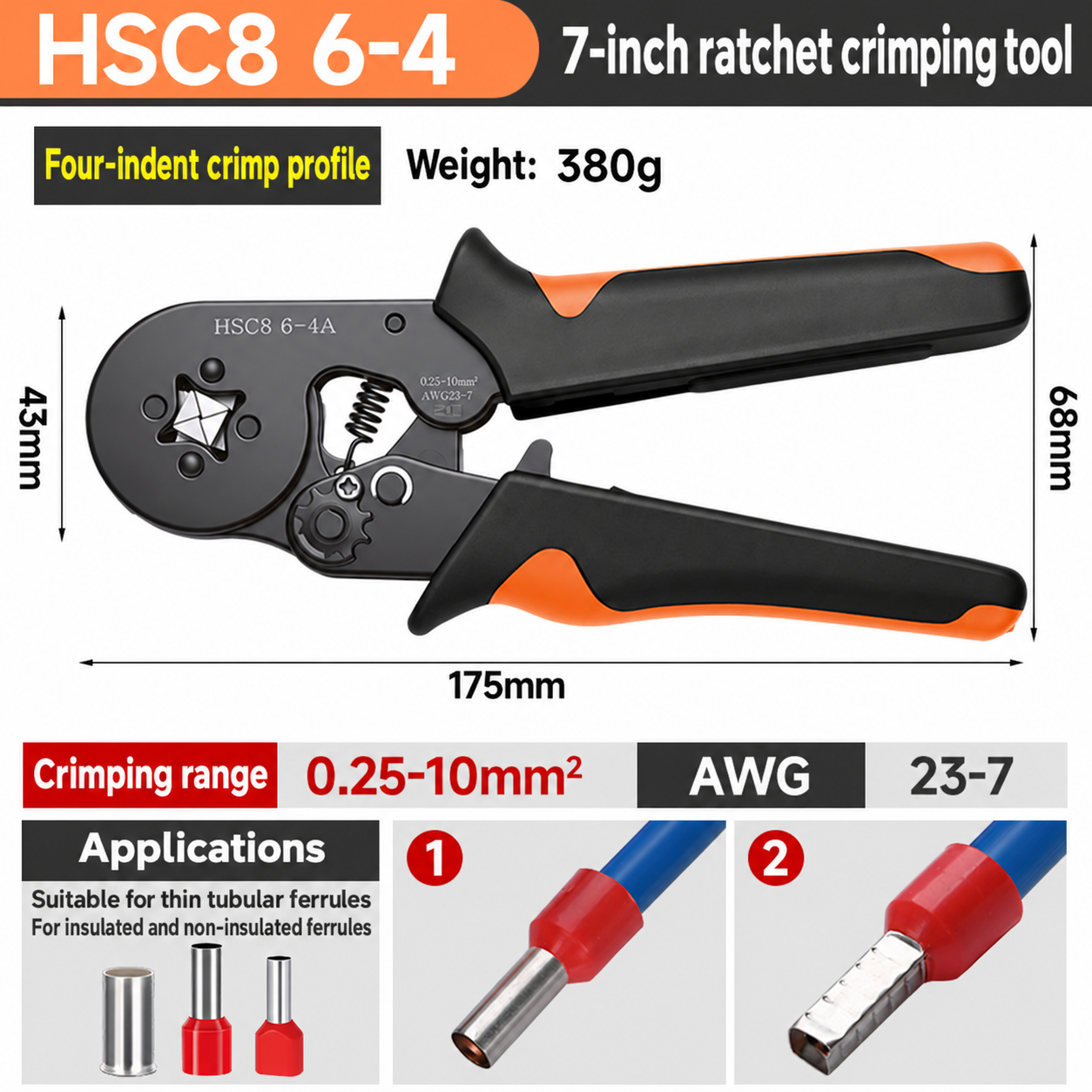 HSC8 6-4A, crimpadora de carraca para punteras, 0,25–10 mm²