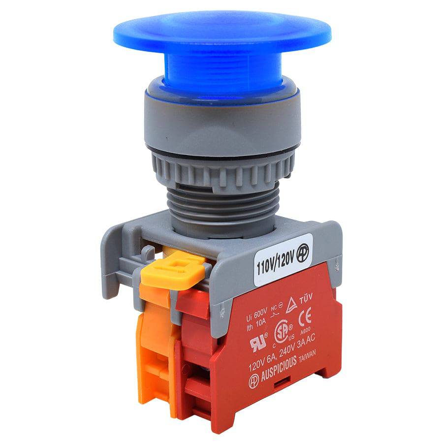 LXE22-1/C-BL - 22mm Illuminated Mushroom Head Push Button - 110V - Azul