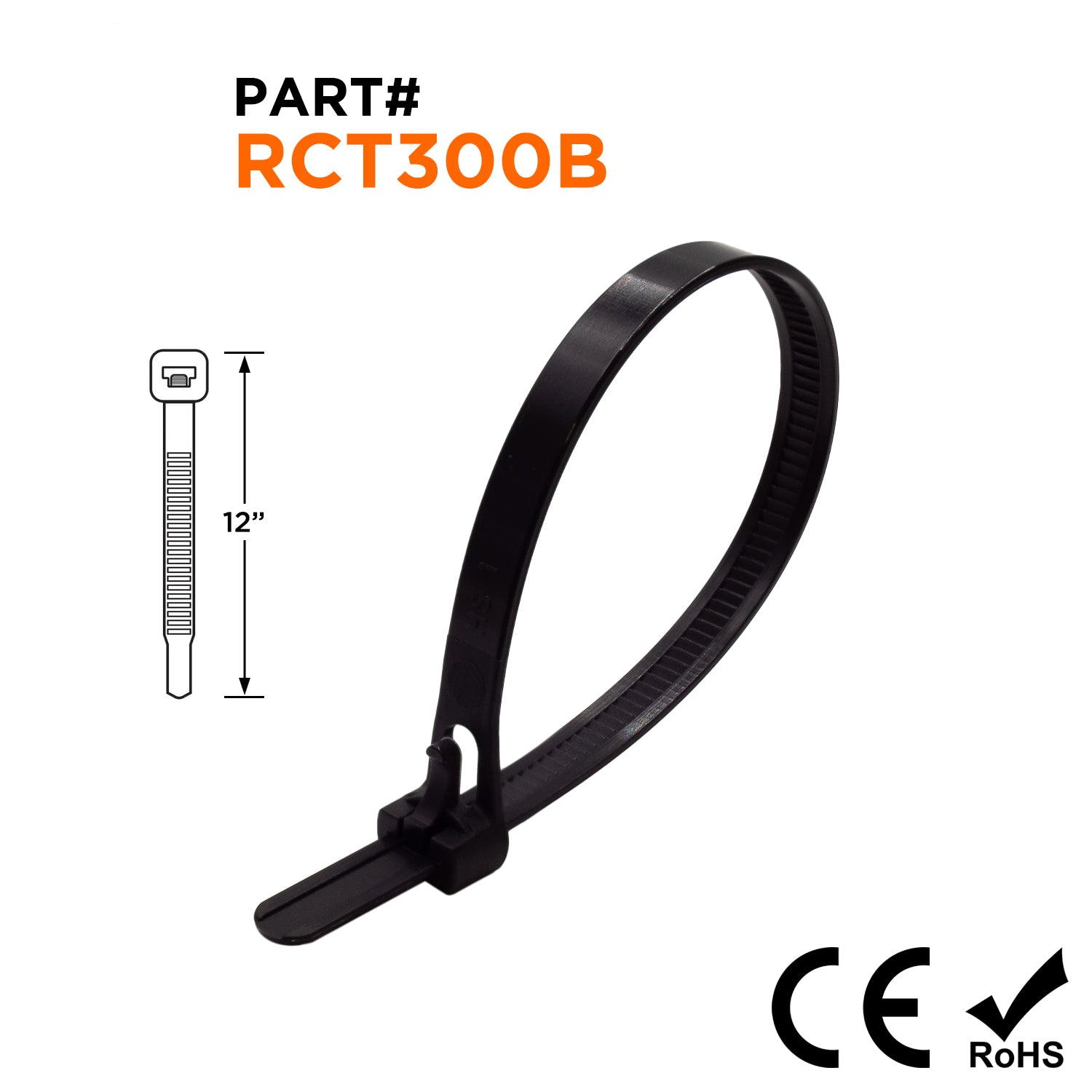 RCT300B - 12" Reusable Cable Ties, 50-lb Tensile, Trigger Release, Black, UV Resistant, UL Recognized, 100-Pack