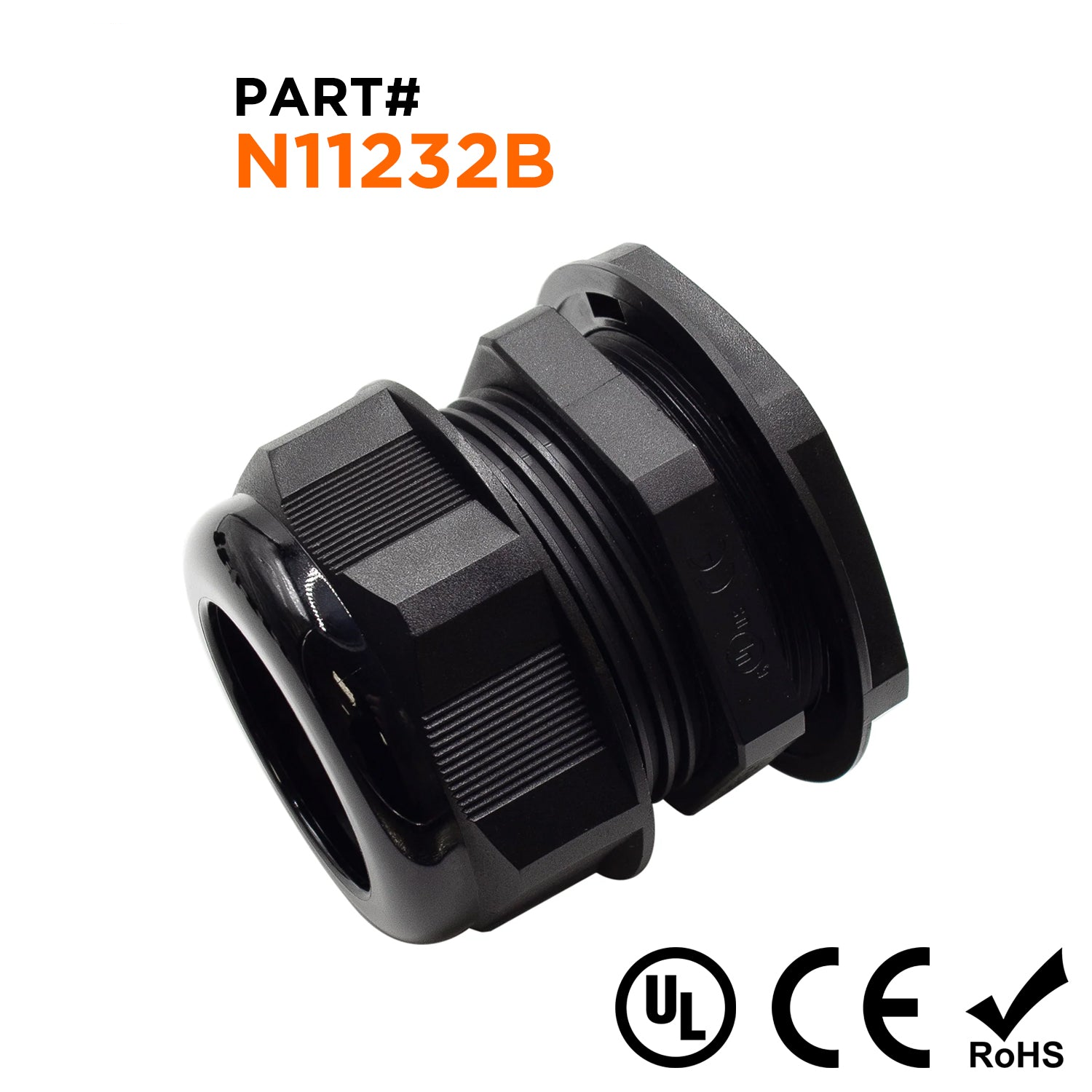 N11232B - 1 1/2" NPT Thread Nylon Cable Gland, Black, Range: 7/8" to 1-1/4", UL Listed, IP68, IP69K - 1 Piece