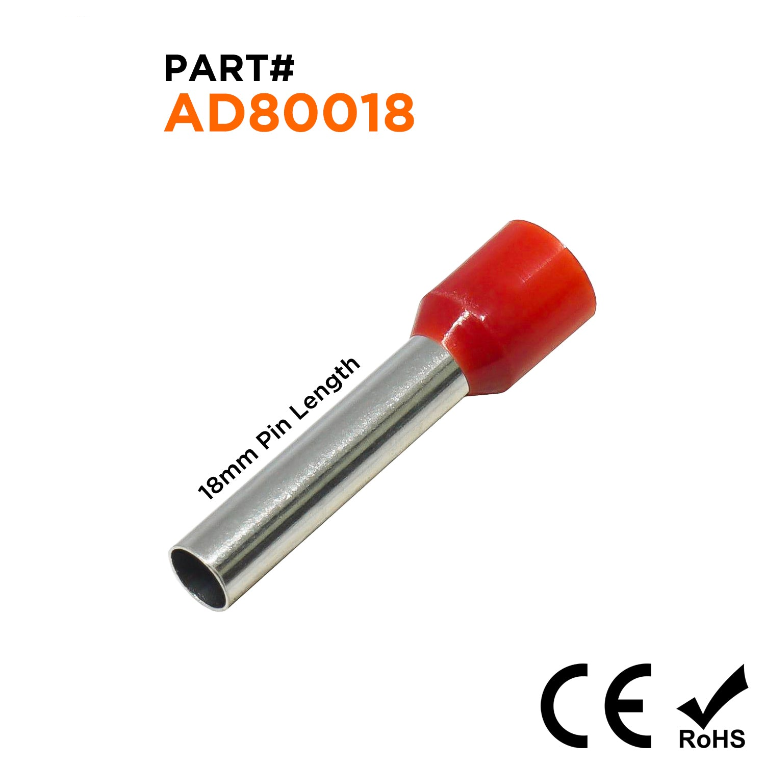 AD80018 - 8 AWG (Small Diameter) Insulated Wire Ferrules, 18mm Pin, Red, 100 Pieces
