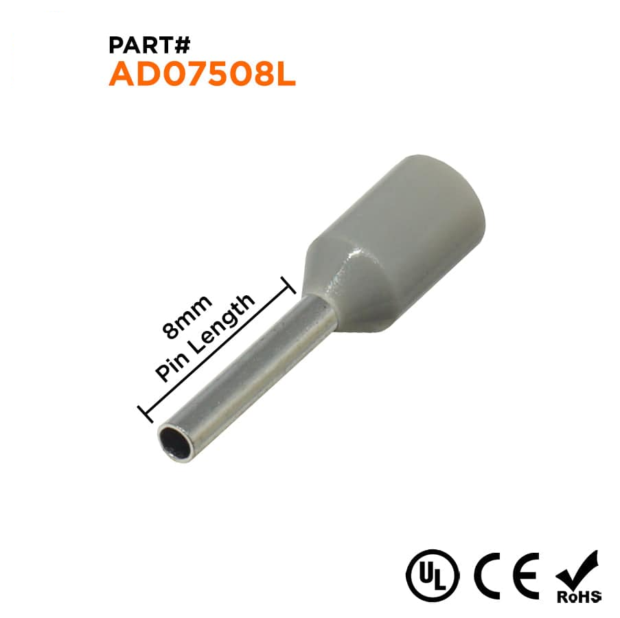 AD07508L - 20 & 18 AWG Insulated Wire Ferrules, 8mm Pin, Gray, Wide Collar, UL Recognized, 500 Pieces
