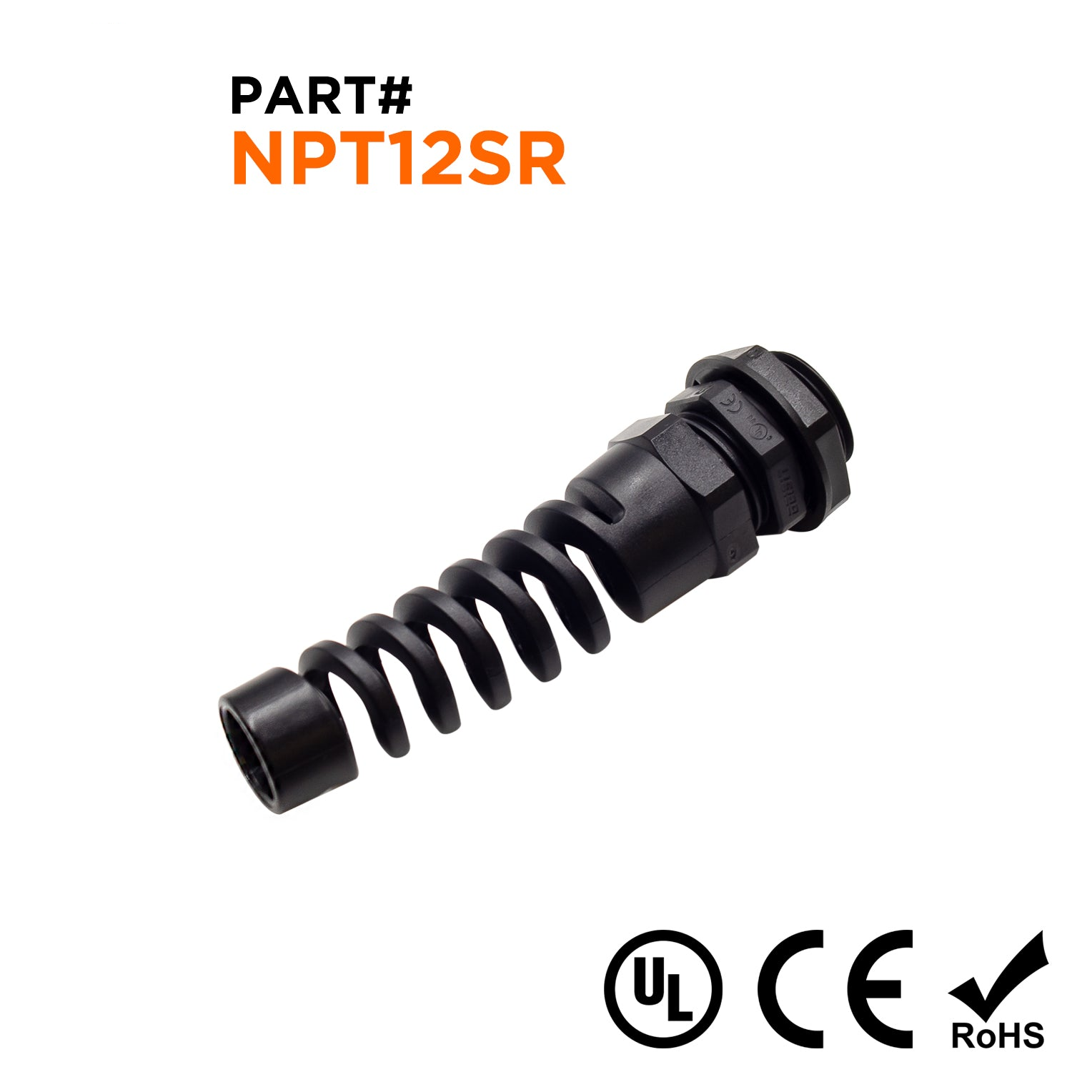 N12612SRB - 1/2" NPT Thread Nylon Cable Gland with Strain Relief, Black, Range: 1/4" to 1/2", UL Listed, IP68, IP69K - 1 Piece