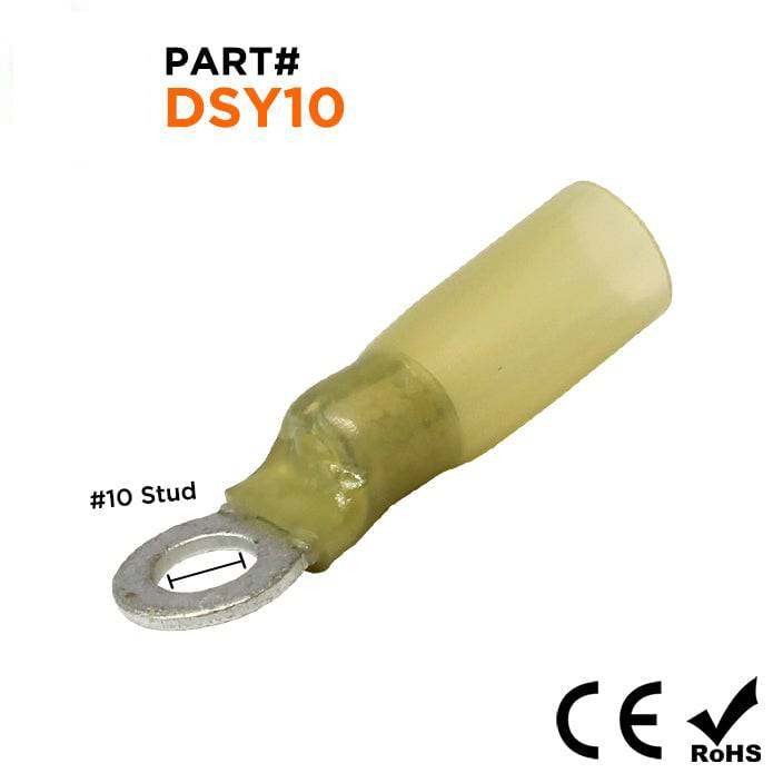 DSY10 - 12 to 10 AWG Heat Shrink Ring Terminals, #10 Stud, Polyolefin, 25 Pieces