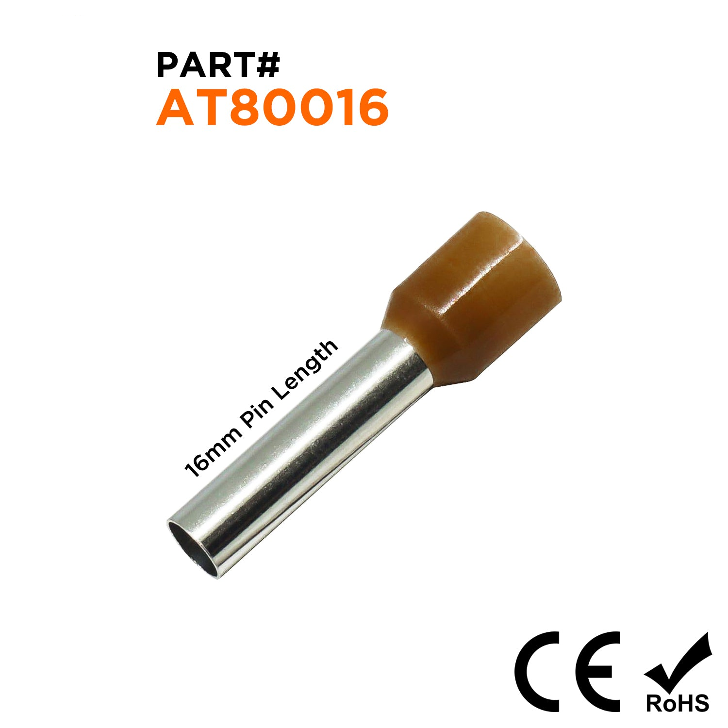 AT80016 - 8 AWG (Small Diameter) Insulated Wire Ferrules, 16mm Pin, Brown, 100 Pieces