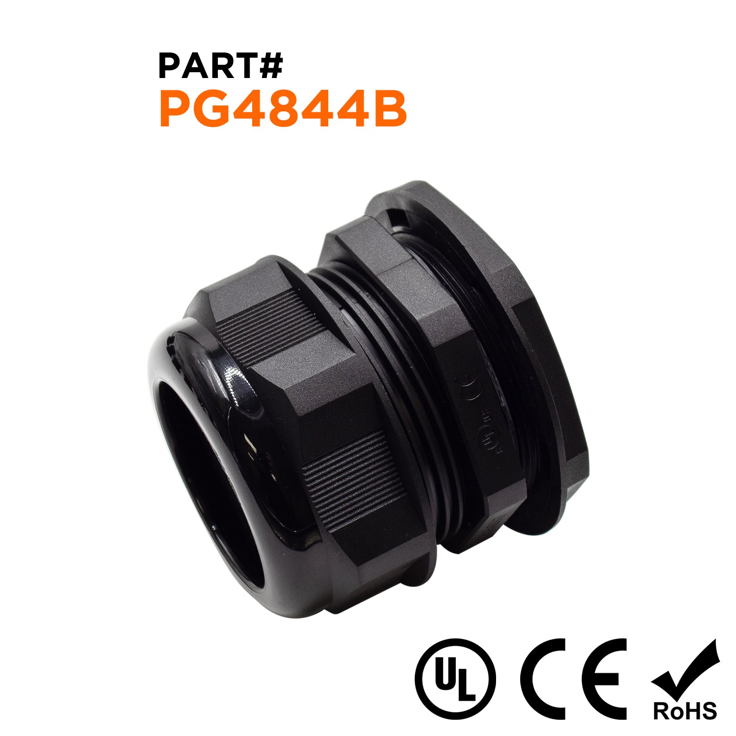 P4844B - PG48 Thread Nylon Cable Gland, Black, Range: 1-7/16" to 1-3/4", UL Listed, IP68, IP69K - 1 Piece