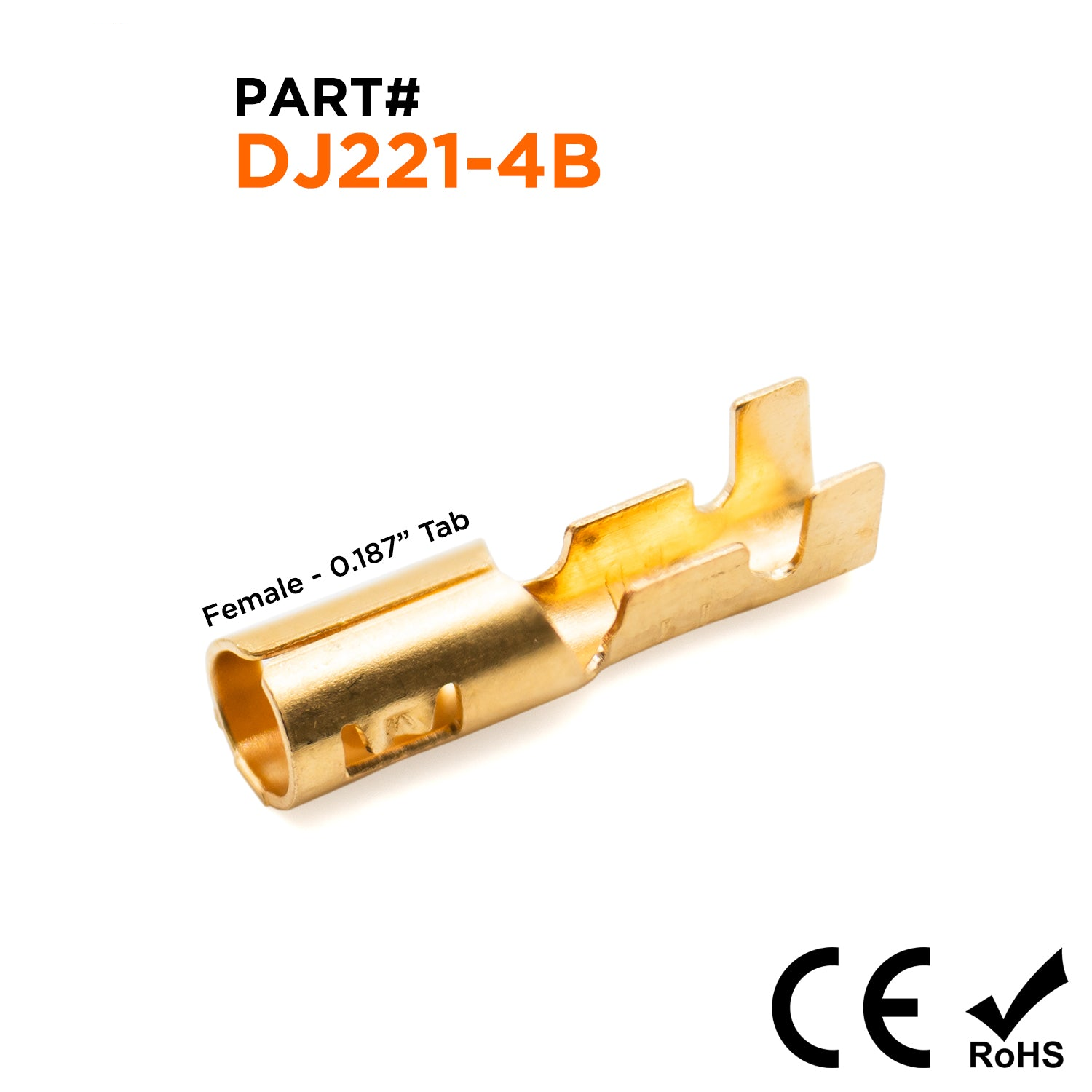 DJ221-4B - 18 to 16 AWG Bullet Connectors, Female, Brass, Open Barrel, 0.187" Tab, 100 Pieces