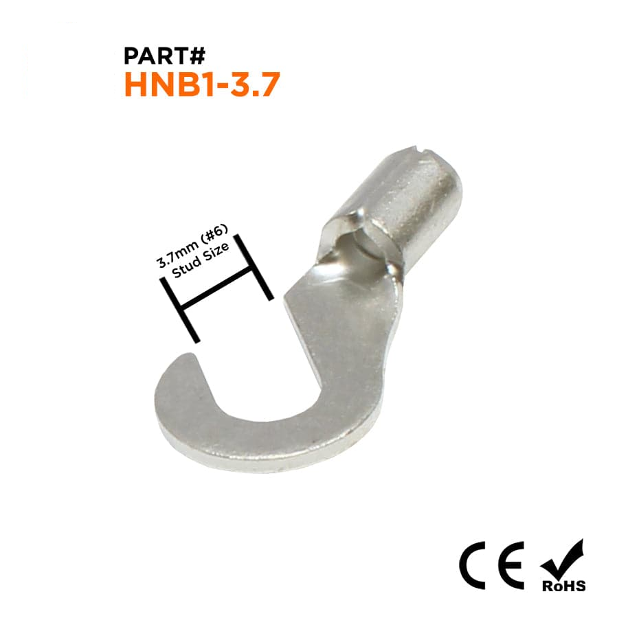 22-16 AWG Sin aislamiento Hook Terminales, #6 Orificio, Brazed Seam, UL, - HNB1-3.7
