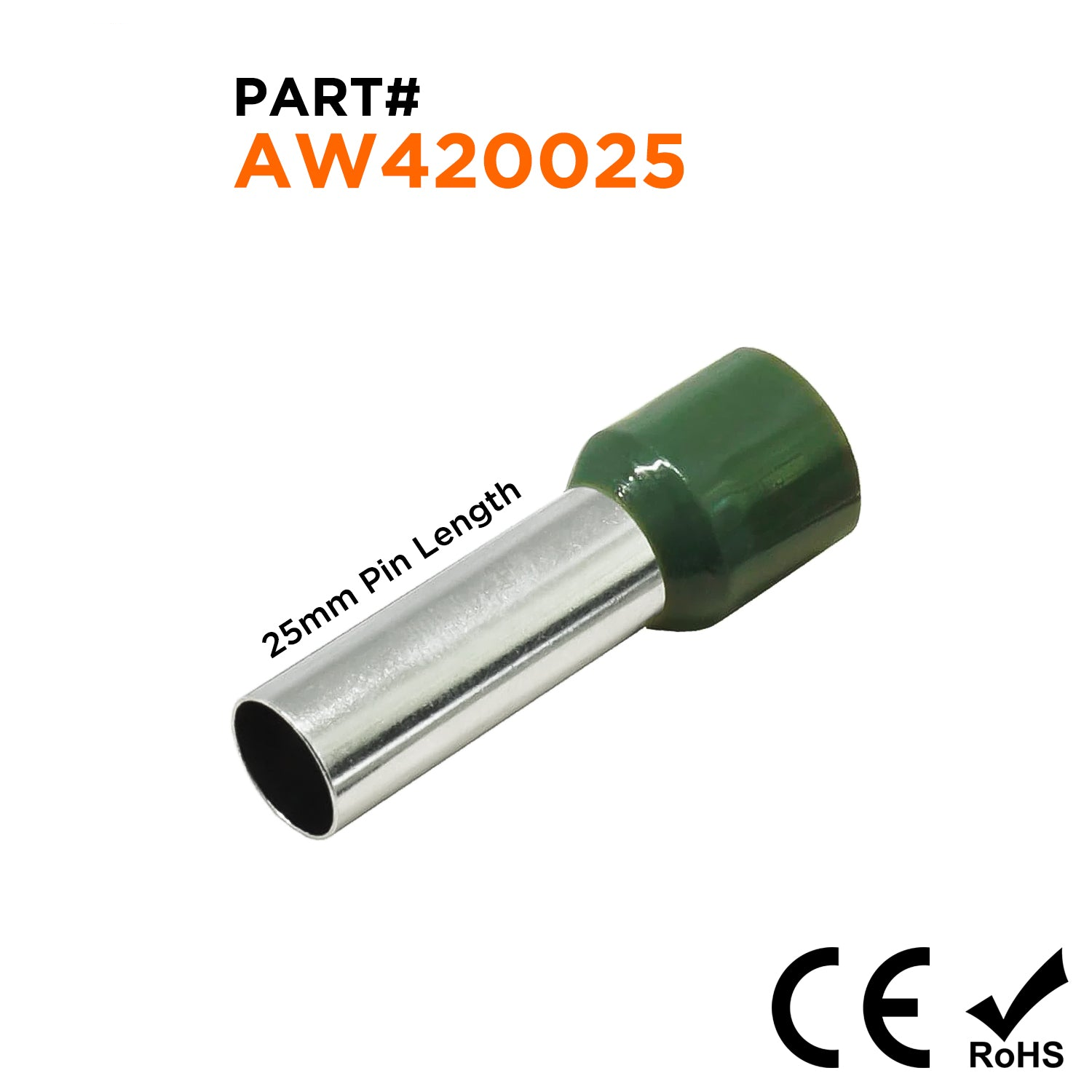 AW420025 - 1 AWG (Small Diameter) Insulated Wire Ferrules, 25mm Pin, Olive Green, 50 Pieces