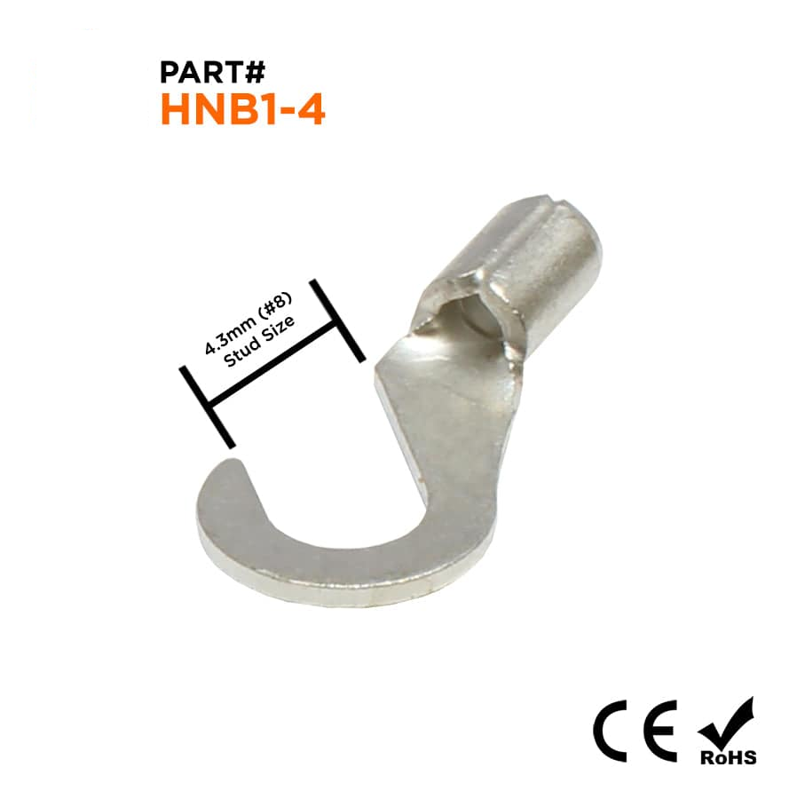 22-16 AWG Non Insulated Hook Terminals, #8 Stud, Brazed Seam, UL, - HNB1-4