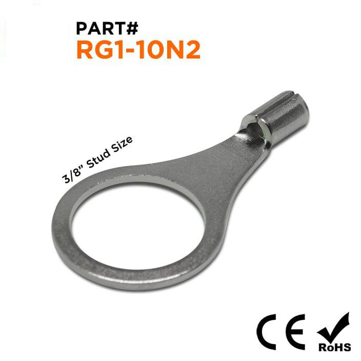RG1-10N2 - 22 to 16 AWG High Temperature Ring Terminals, 3/8" Stud, Steel, 900°F, 100 Pieces