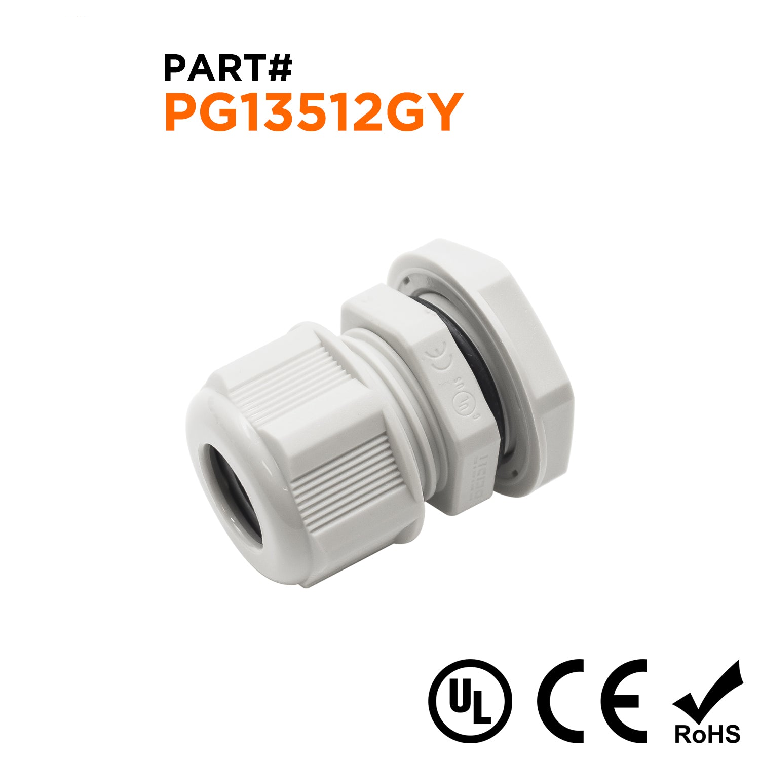 P13512GY - PG13.5 Rosca De nailon Prensaestopas, Gris, Rango: 1/4" a 1/2", UL Listed, IP68, IP69K - 1 pieza