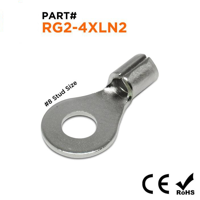 RG2-4XLN2 - 16 a 14 AWG De alta temperatura Terminales de anillo, #8 Orificio, De acero, 900°F, 100 piezas