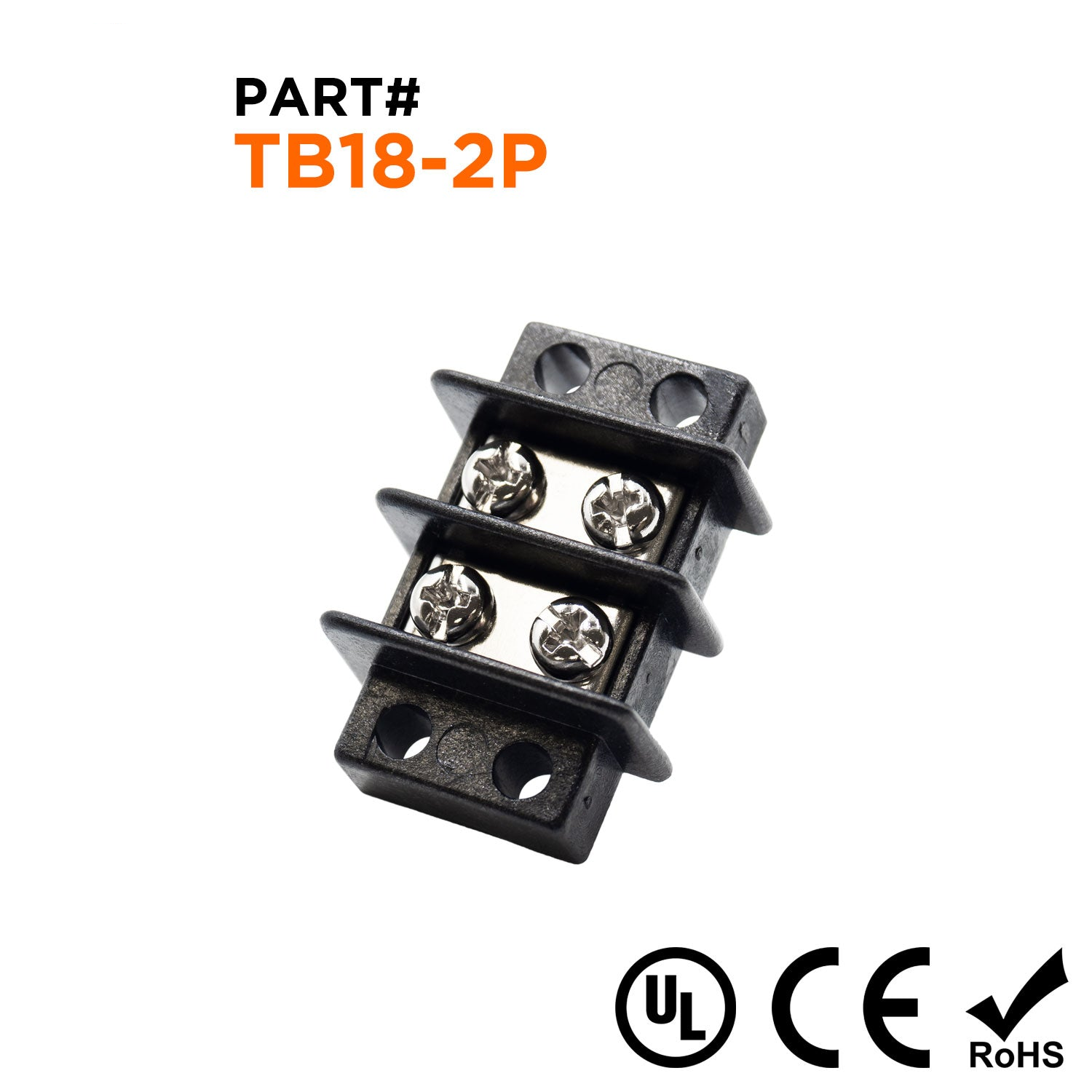 TB18-2P - Barrier Strip Terminal Block, Terminal Strip, 2 Pole, Double Row, 20A, 300V, UL Approved, 1 Piece