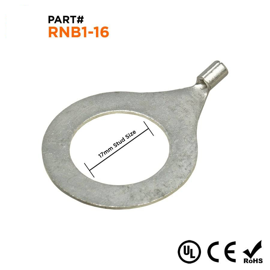 RNB1-16 - 22 a 16 AWG Sin aislamiento Terminales de anillo, 5/8" Orificio, UL Recognized, 50 piezas
