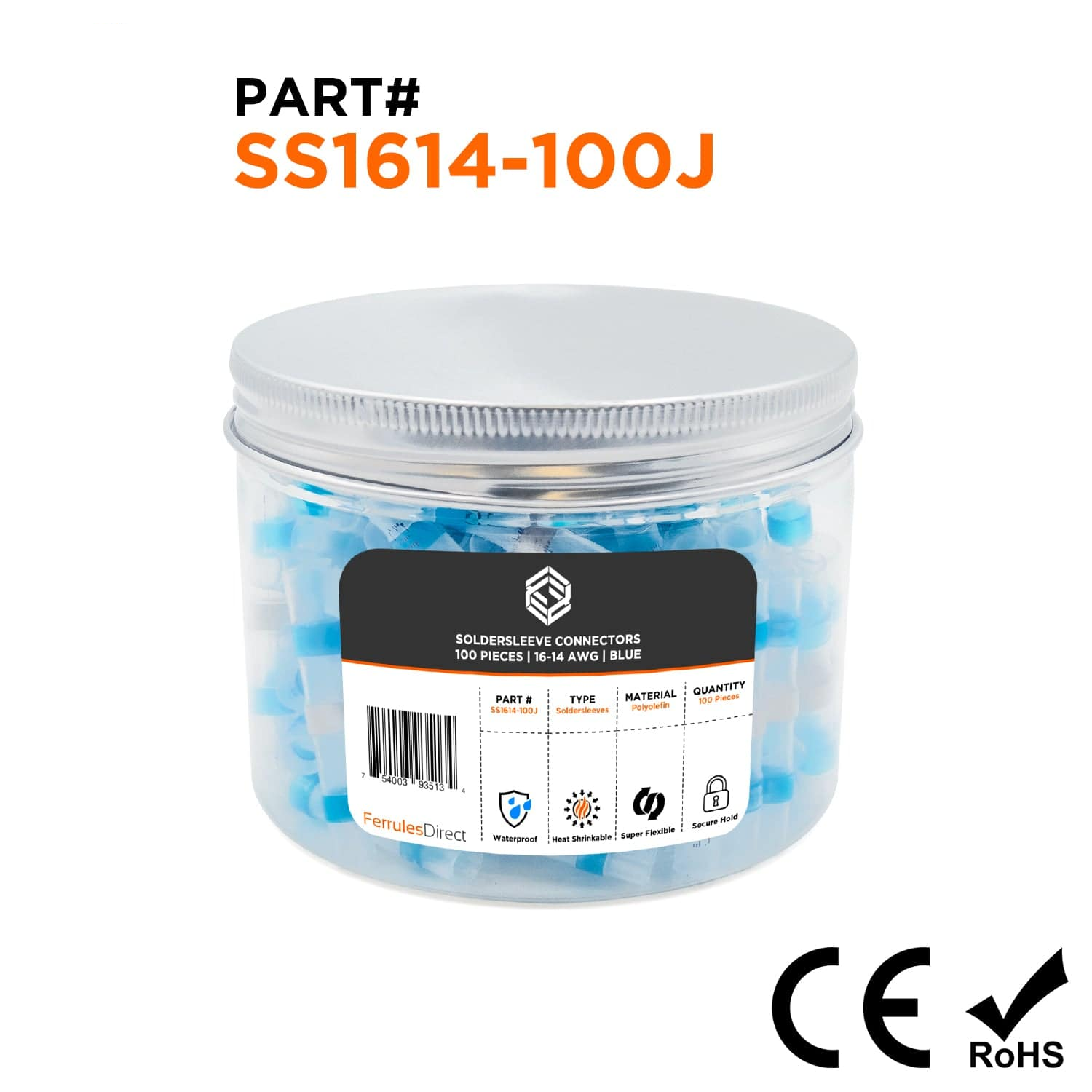 SS1614-100J - 16 to 14 AWG Heat Shrink Solder Sleeves, Blue, 100 Pieces