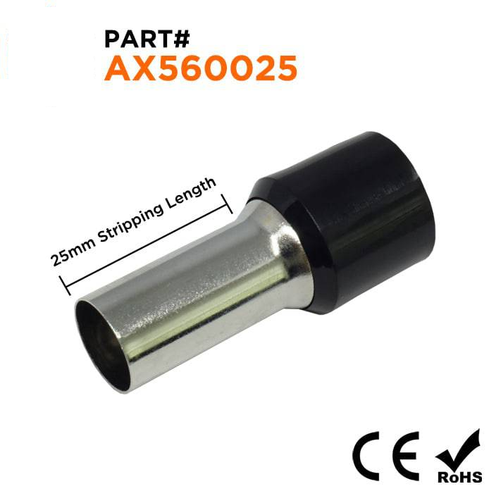 AX560025 - 0 & 1/0 AWG Single Insulated Wire Ferrules, 25mm Pin, Black, 25 Pieces