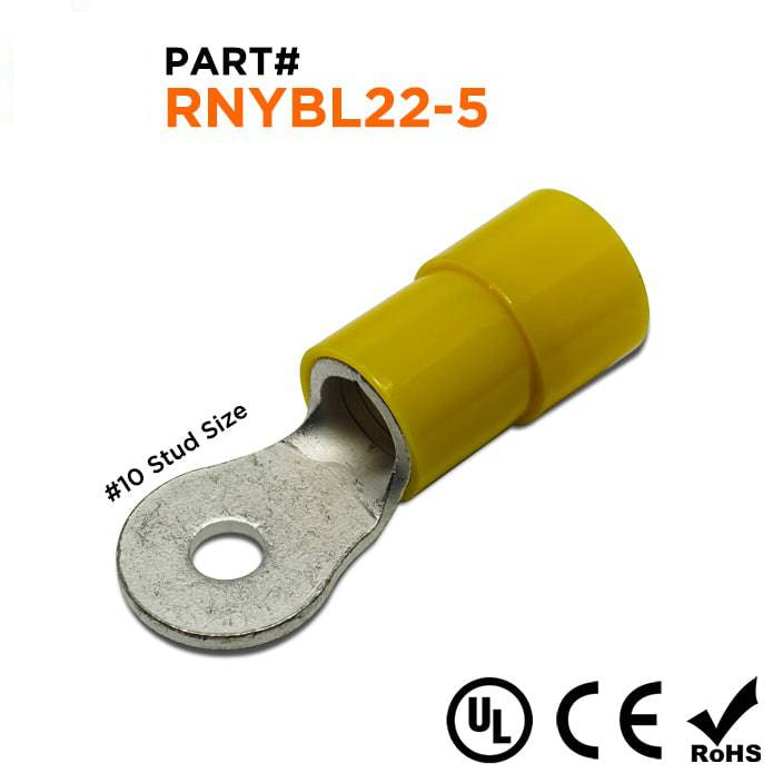 RNYBL22-5 - 4 AWG Con aislamiento de nailon Terminales de anillo, #10 Orificio, 10 piezas