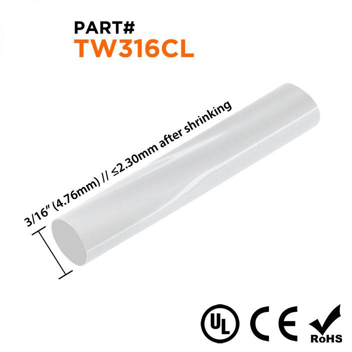 TW316CL - 3/16" Thin Wall Heat Shrink Tubing, 2:1 Shrink Ratio, Clear, Spool of 250ft