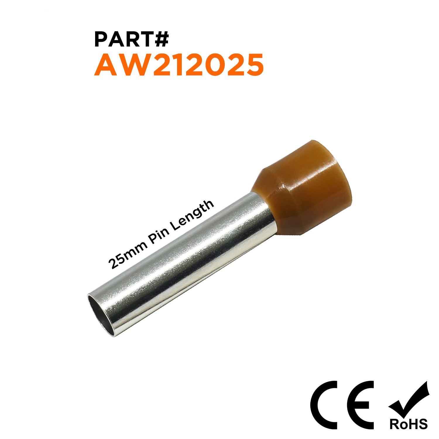 AW212025 - 4 AWG (Small Diameter) Insulated Wire Ferrules, 25mm Pin, Brown, 100 Pieces