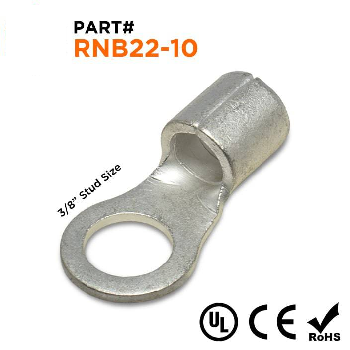 RNB22-10 - 4 AWG Non Insulated Ring Terminals, 3/8" Stud, UL Recognized, 25 Pieces