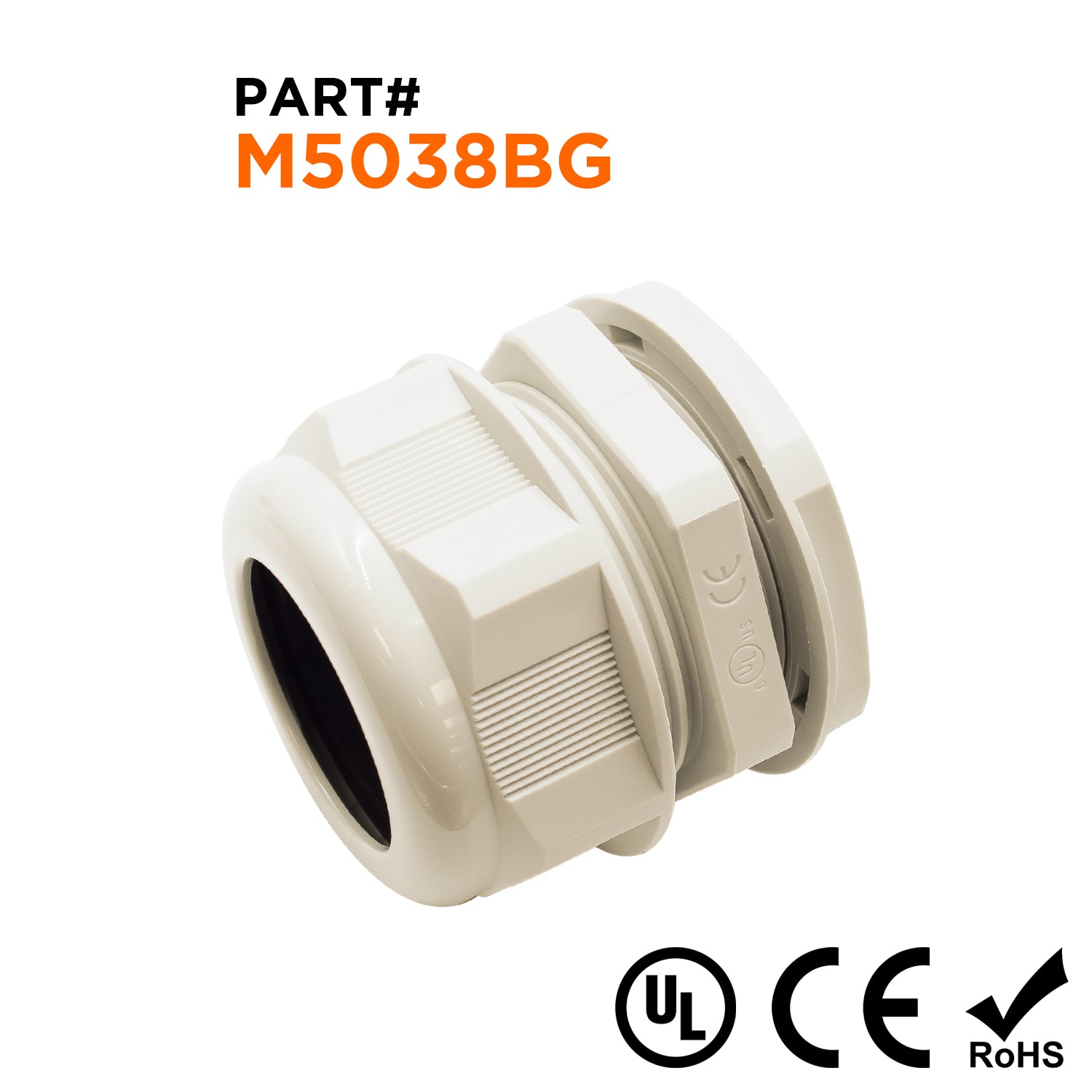 M5038BG - M50 x 1.5mm Metric Thread Nylon Cable Gland, Beige, Range: 1-1/4" to 1-1/2", UL Listed, IP68, IP69K - 1 Piece