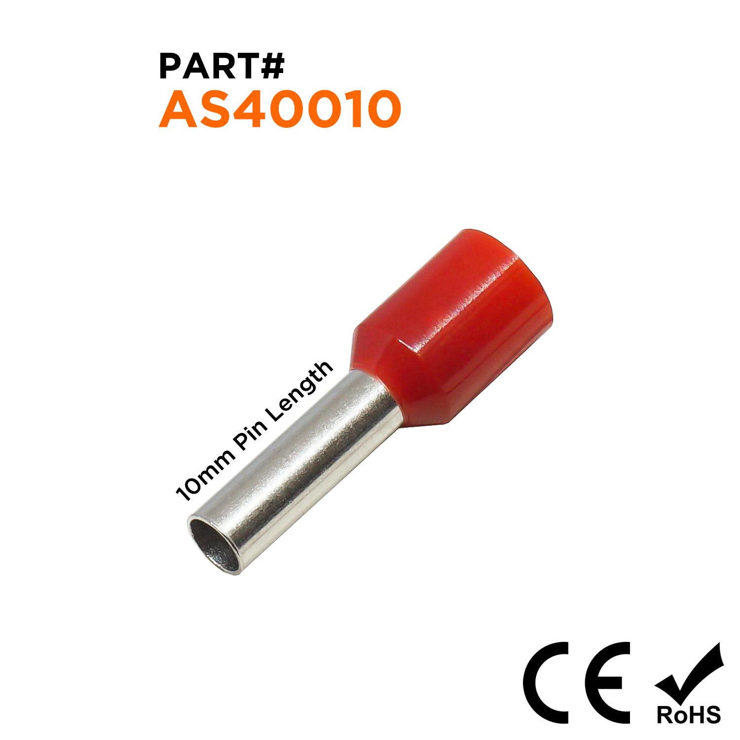 AS40010RD - 12 AWG Insulated Punteras, 10mm Pin, Rojo, 500 piezas