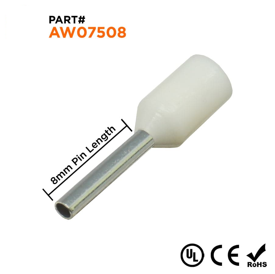 AW07508L - 20 & 18 AWG Insulated Punteras, 8mm Pin, Blanco, Ancho Collar, UL Recognized, 500 piezas