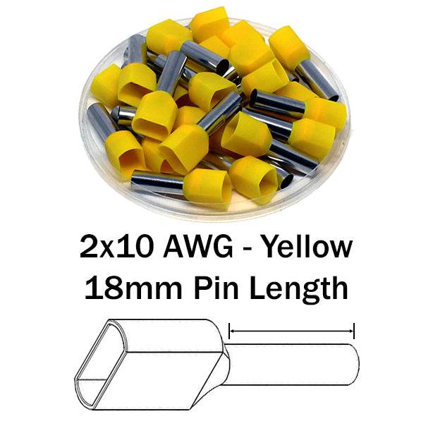 TD60018 - 10 AWG Twin Punteras, 18mm Pin, Amarillo, 100 piezas