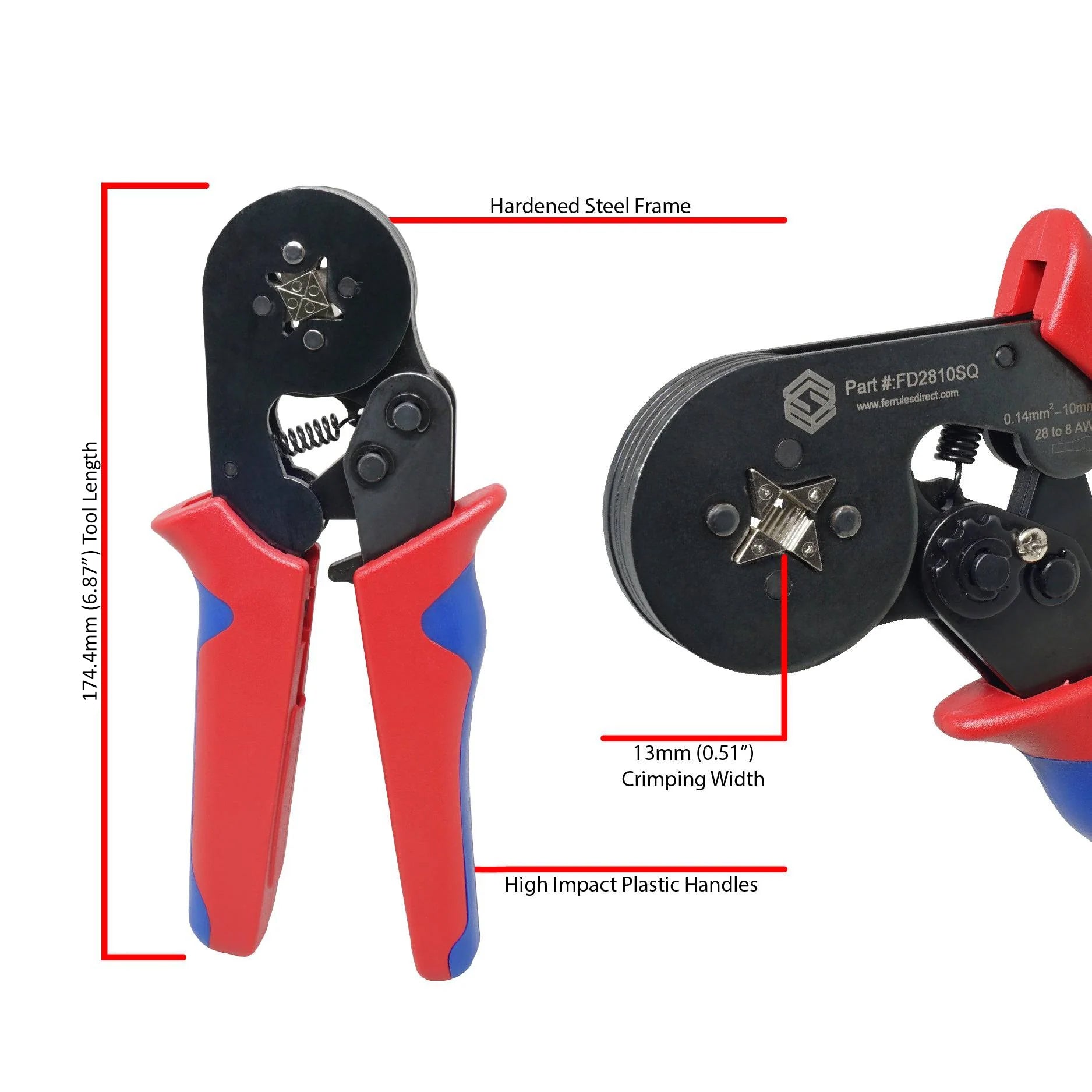 FD2810SQ - 28 a 10 AWG Herramienta de crimpado para punteras, Self-Adjusting Ratchet, Cuadrado Perfil, 1 pieza