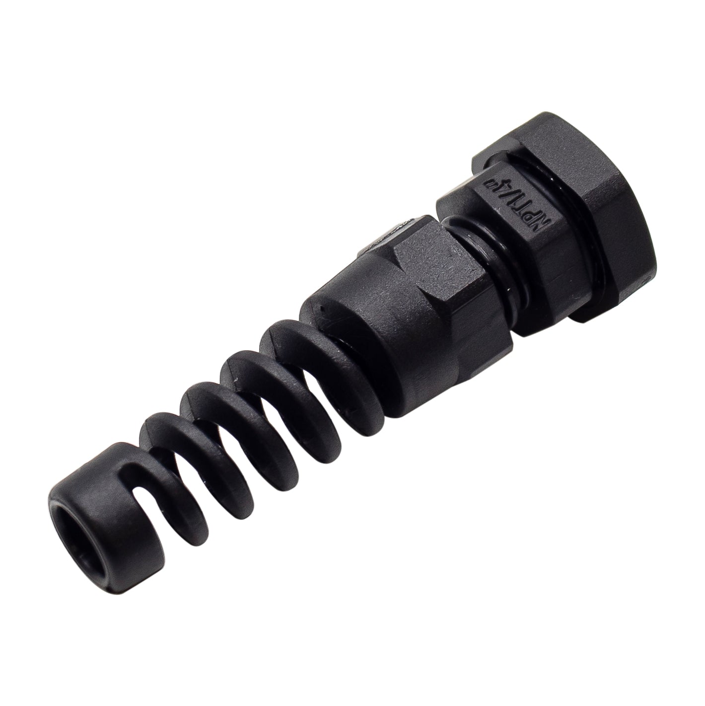 N1407SRB - 1/4" NPT Thread Nylon Cable Gland with Strain Relief, Black, Range: 1/8" to 1/4", UL Listed, IP68, IP69K - 1 Piece