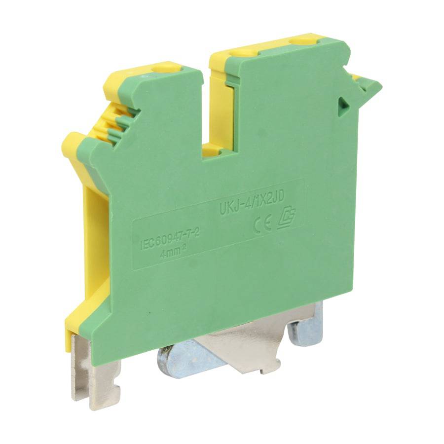 UKJ-4/1×2JD - 24 to 12 AWG Screw Clamp, Feed-Thru, Single In Double Out Terminal Block, UL Approved, Yellow-Green