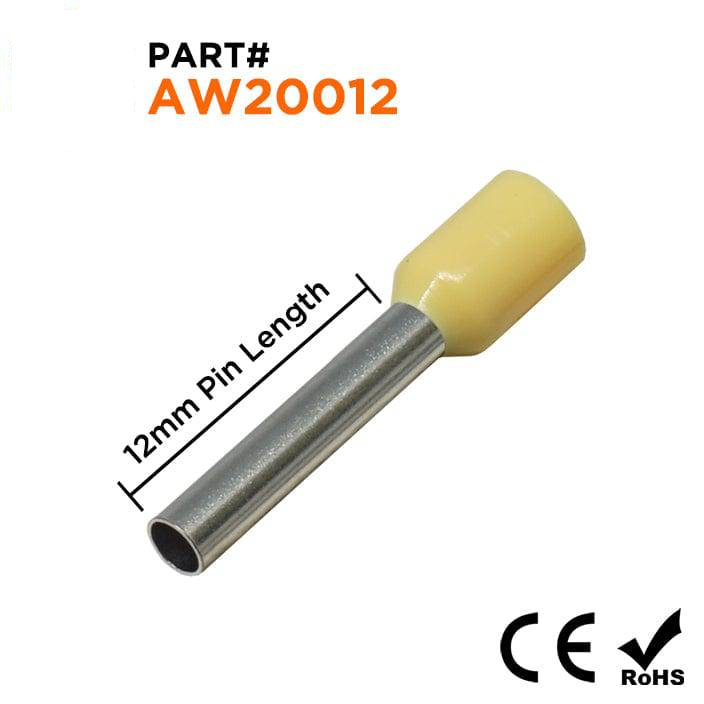 AW20012 - 14 AWG (Small Diameter) Insulated Punteras, 12mm Pin, Amarillo, 500 piezas