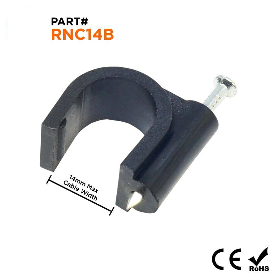 Nail In Cable Clips, Ethernet Cable Nails Tacks, Round, 14mm, 0.55", Black, 100 Pieces - RNC14B