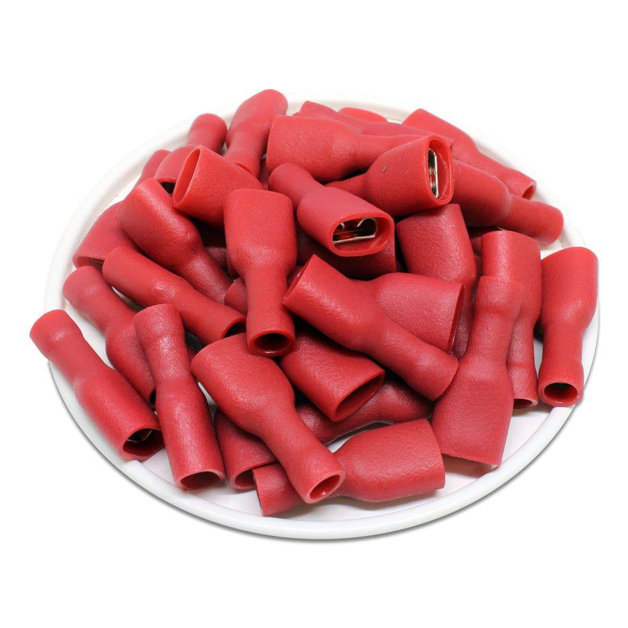 FDFD1-250 - 22 a 16 AWG Vinyl PVC Insulated Terminales de desconexión rápida, Female, Totalmente aislados, Double Crimp, Rojo, 100 piezas