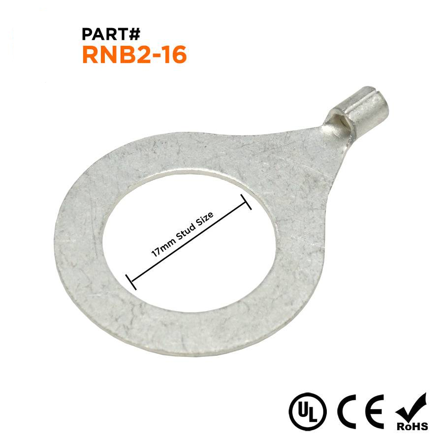 RNB2-16 - 16 a 14 AWG Sin aislamiento Terminales de anillo, 5/8" Orificio, UL Recognized, 50 piezas