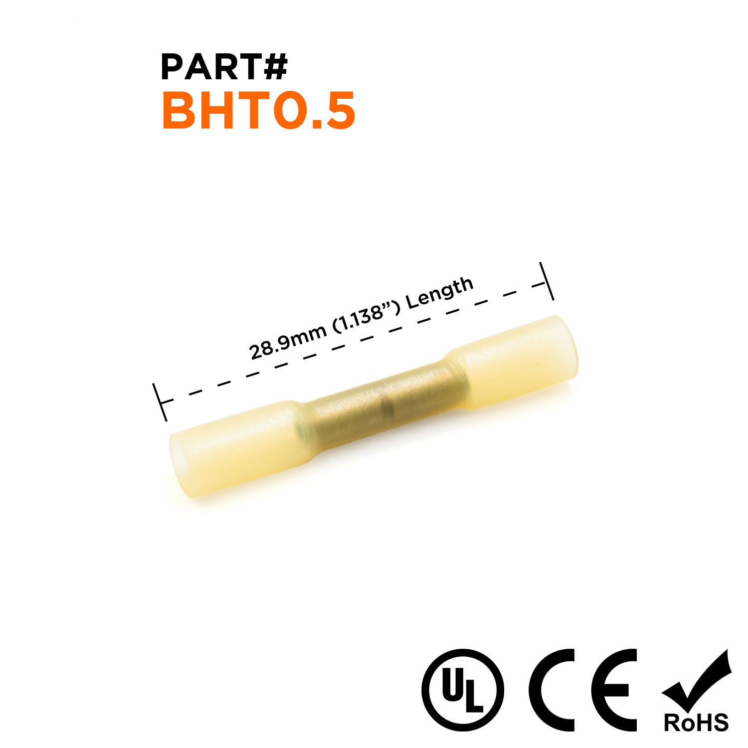 BHT0.5 - 26 a 12 AWG Termorretráctiles Conectores de empalme a tope, Amarillo, Polyethylene, 25 piezas