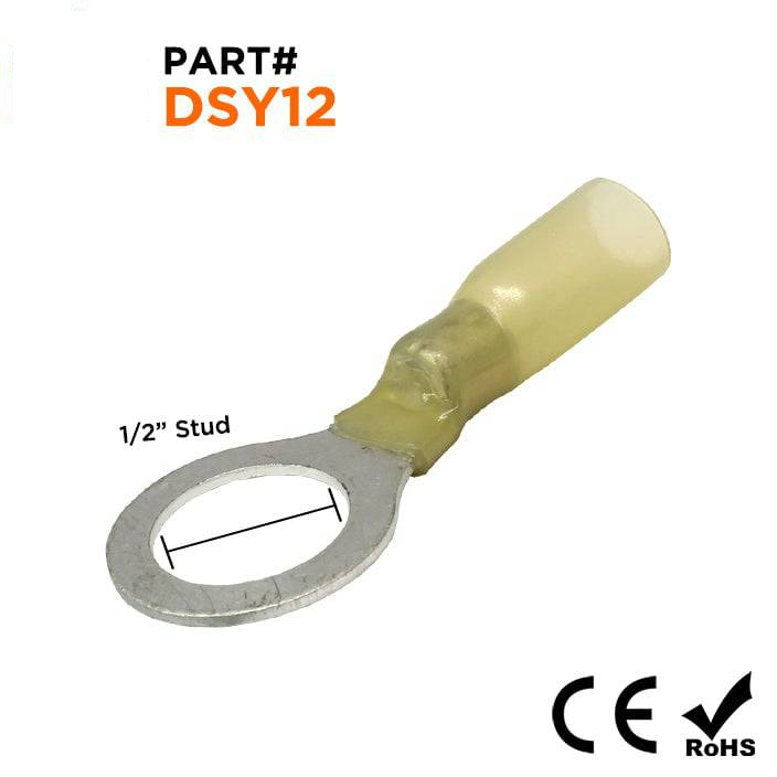 DSY12 - 12 a 10 AWG Termorretráctiles Terminales de anillo, 1/2" Orificio, Polyolefin, 25 piezas