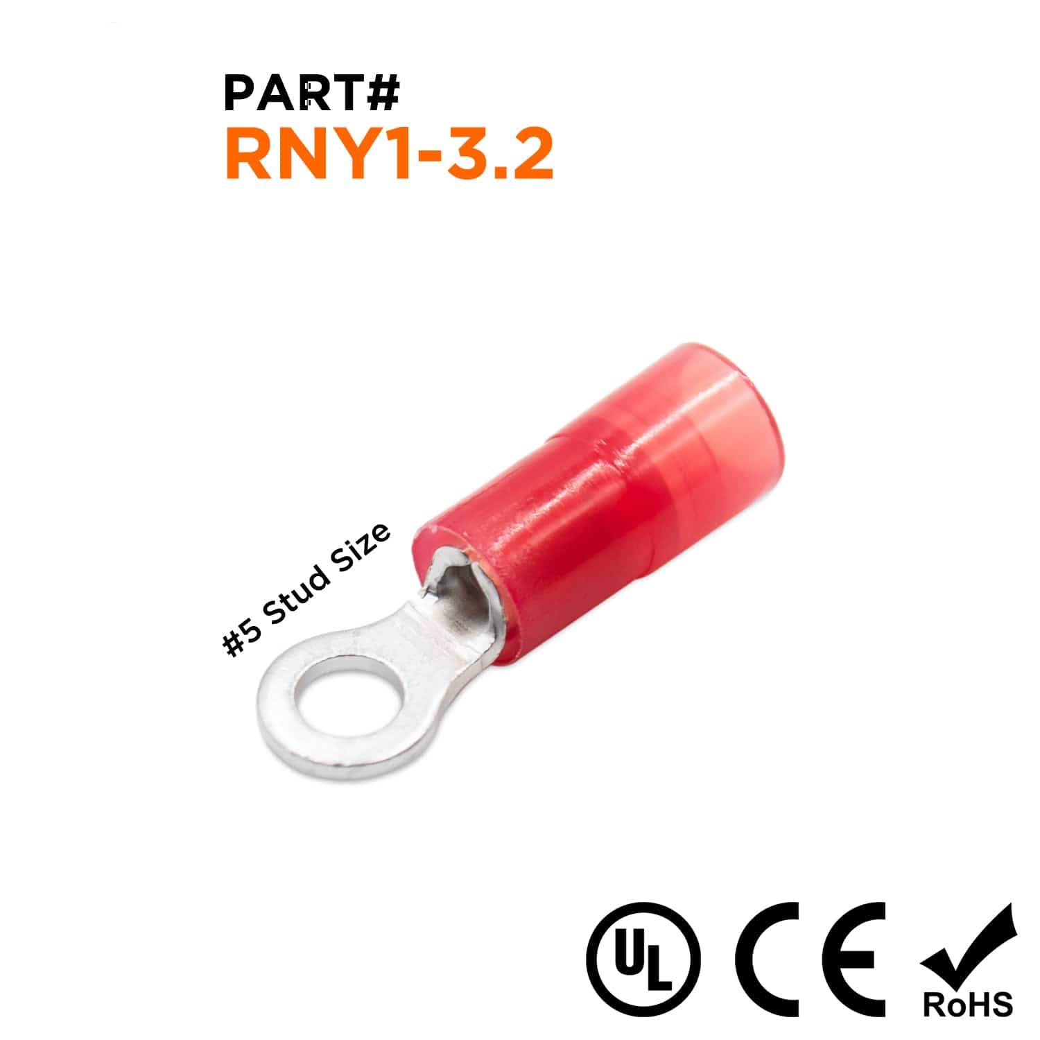 RNY1-32 - 22 to 16 AWG Nylon Insulated Ring Terminals, #4 Stud, Butted Seam, 100 Pieces