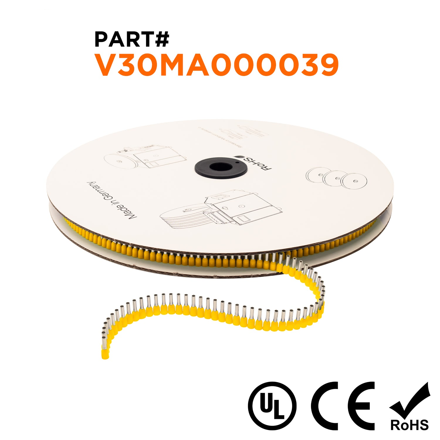 Z+F V30MA000039 - 18 & 17 AWG Insulated Wire Ferrules, 8mm Pin, Yellow, 5,000 pieces Reel/Spool