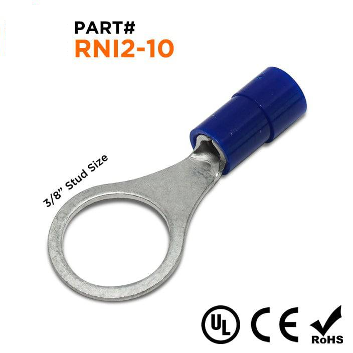 RNI2-10 - 16 to 14 AWG Polycarbonate Ring Terminals, 3/8" Stud, 100 Pieces