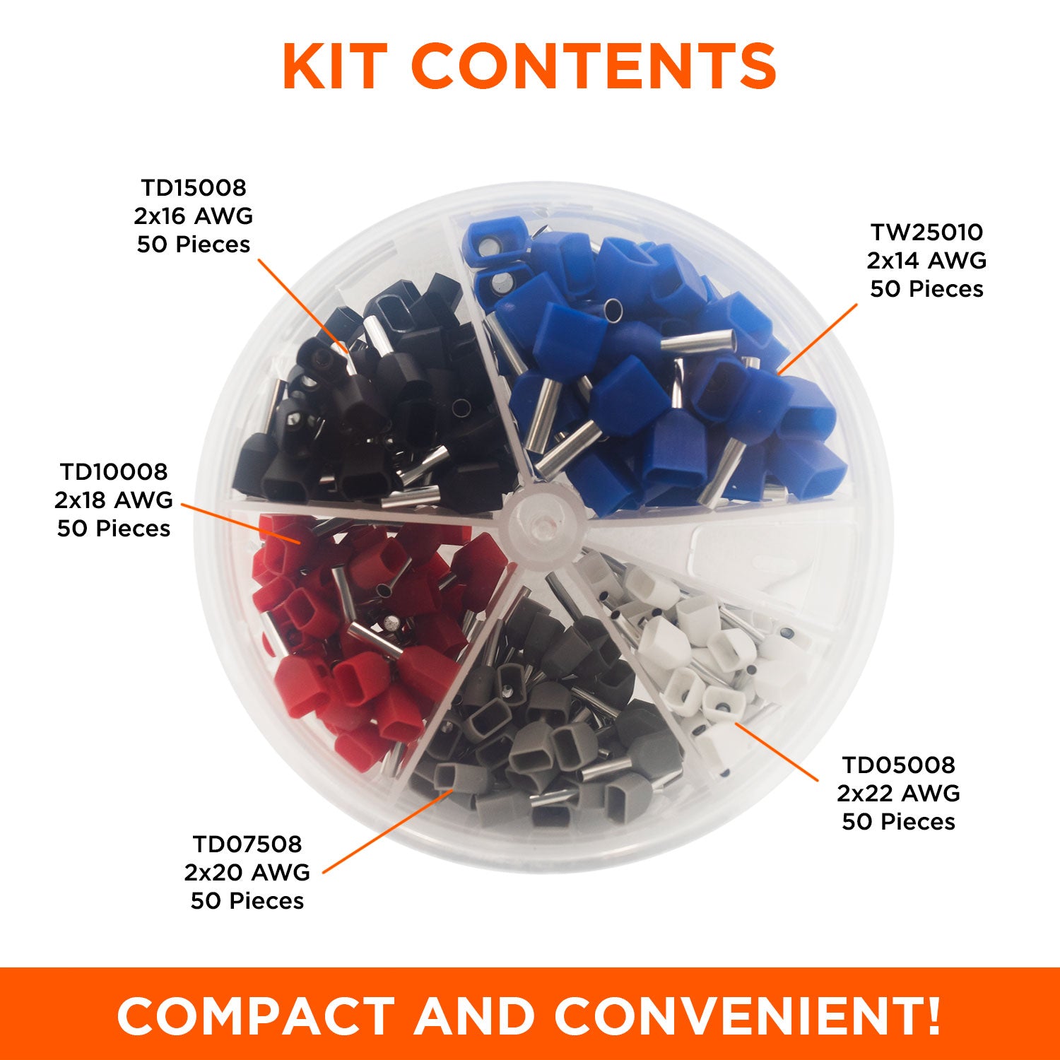 SK2214TD - 22 to 14 AWG Insulated Twin Wire Ferrules Mini Kit, 250 Pieces, Series D, 1 Kit