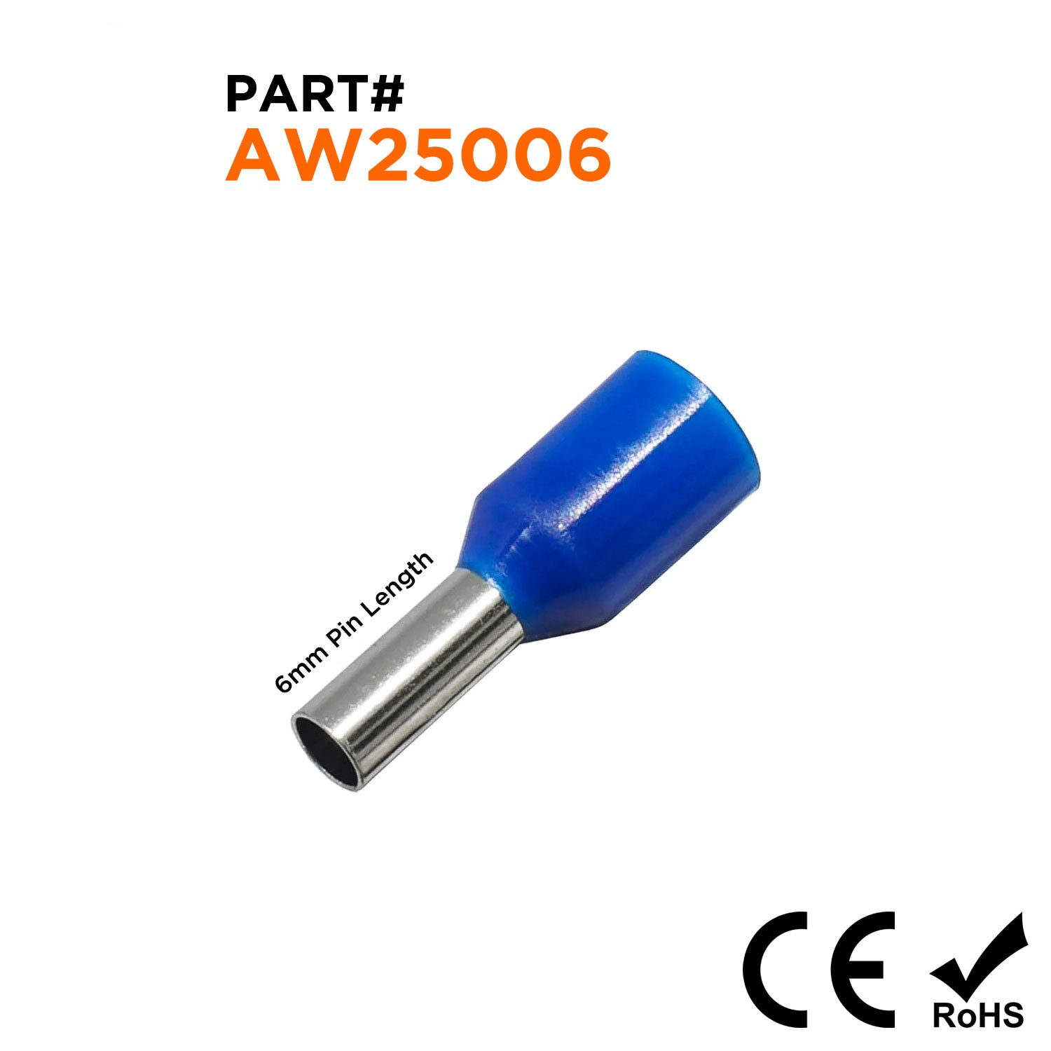 AW25006 - 14 AWG Insulated Wire Ferrules, 6mm Pin, Blue, 500 Pieces