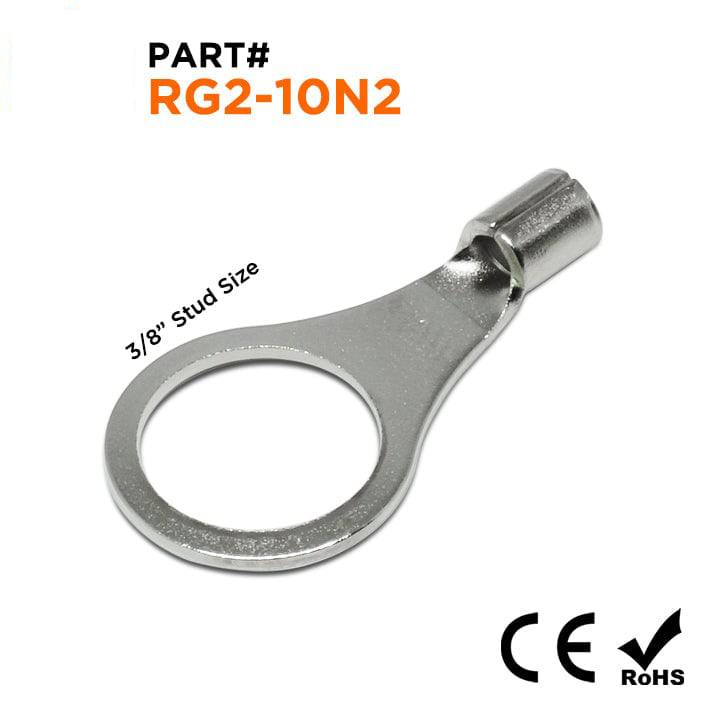 RG2-10N2 - 16 a 14 AWG De alta temperatura Terminales de anillo, 3/8" Orificio, De acero, 900°F, 100 piezas