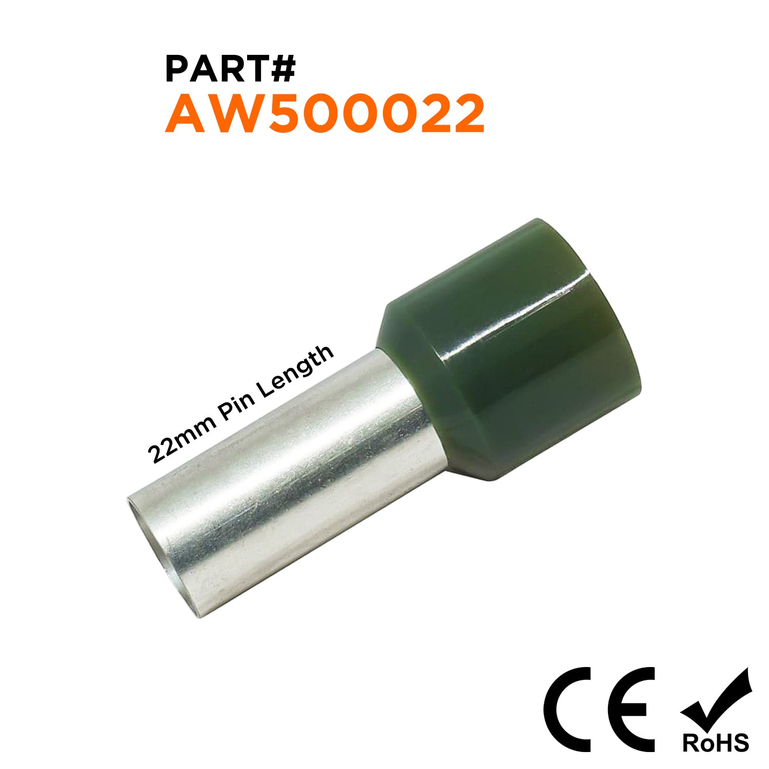 AW500022 - 1 AWG Single Insulated Wire Ferrules, 22mm Pin, Olive Green, 50 Pieces