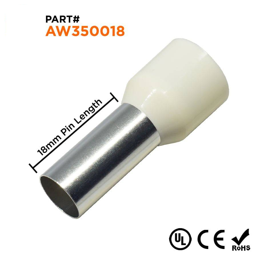 AW350018 - 2 AWG Single Insulated Punteras, 18mm Pin, Beige, UL Recognized, 100 piezas
