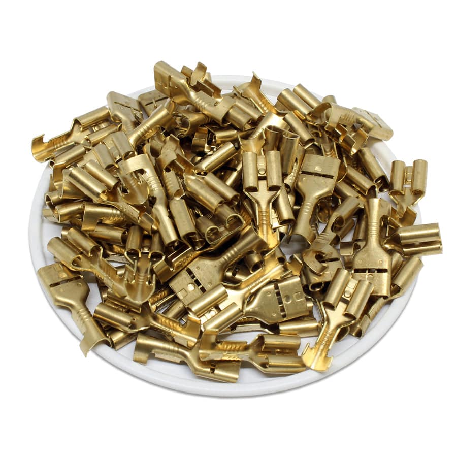 608LR - 22 to 18 AWG Open Barrel Quick Disconnects, Female, 1/4" Tab, Brass, 100 Pieces