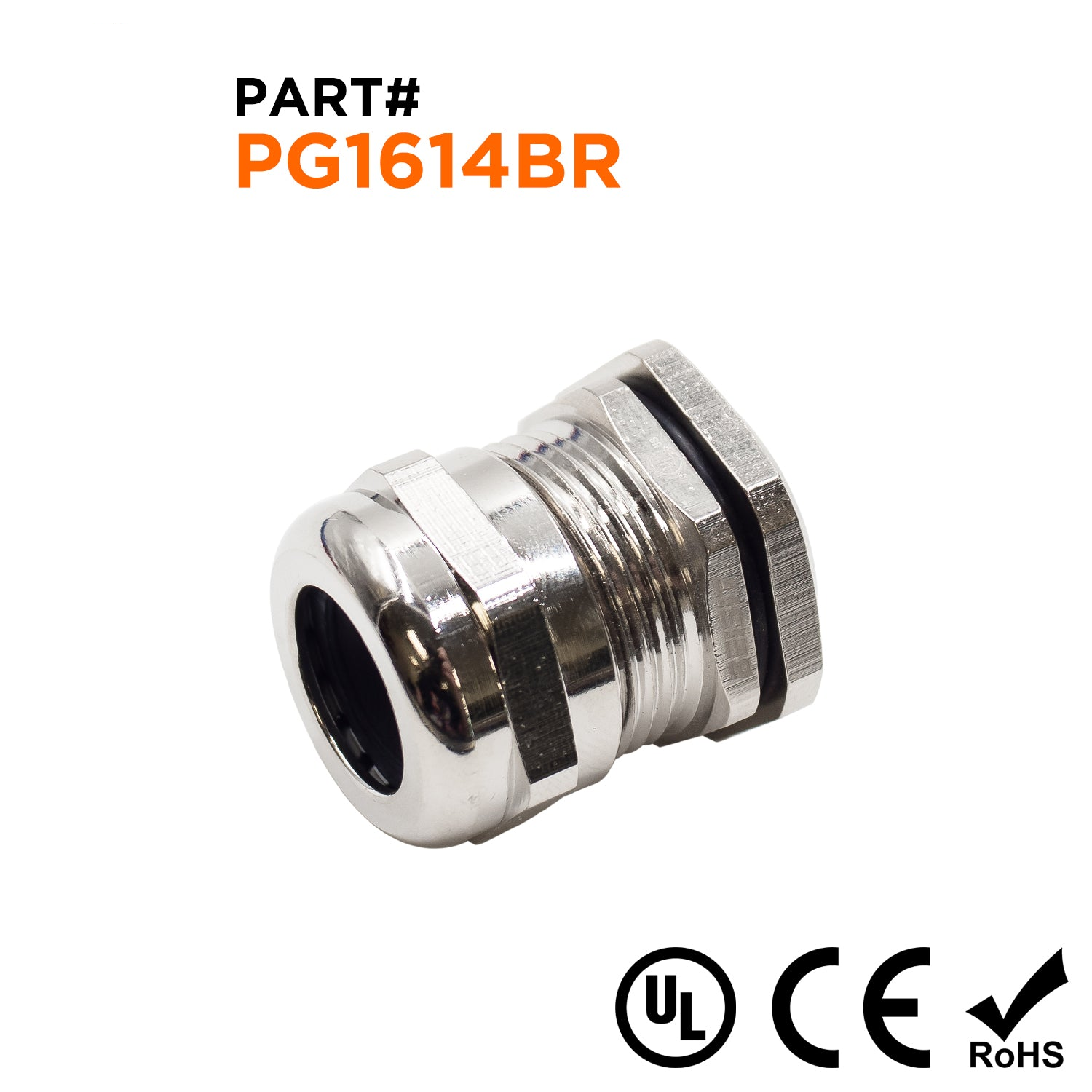 P1614BR - PG16 Thread Plated Brass Cable Gland, Range: 3/8" to 9/16", UL Listed, IP68, IP69K - 1 Piece