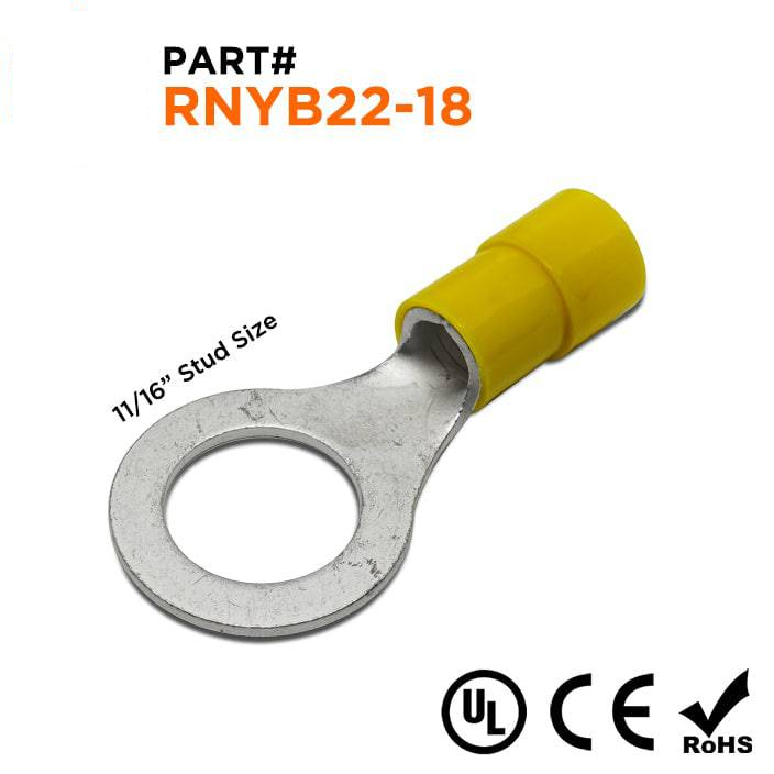 RNYB22-18 - 4 AWG Con aislamiento de nailon Terminales de anillo, 11/16" Orificio, 10 piezas