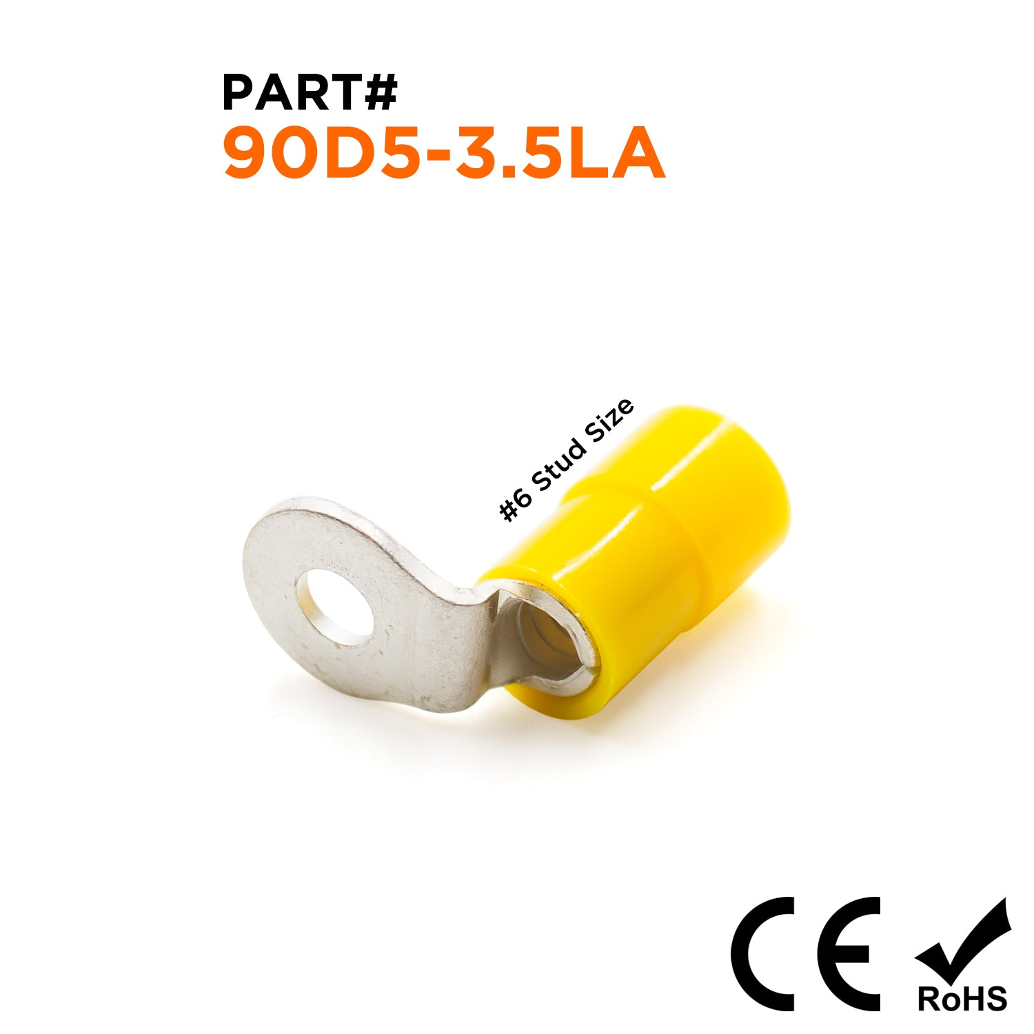 90D5-3.5A - 12 a 10 AWG Right Angle De nailon Terminales de anillo, #6 Orificio, 50 piezas